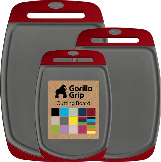 GORILLA GRIP BPA-Free Reversible Kitchen Cutting Board Set of 3, US Designed, Nonporous, Juice Grooves Catch Liquid, Slip Resistant Border, Dishwasher Safe, Durable Large Food Chopping Boards,Gray Red
