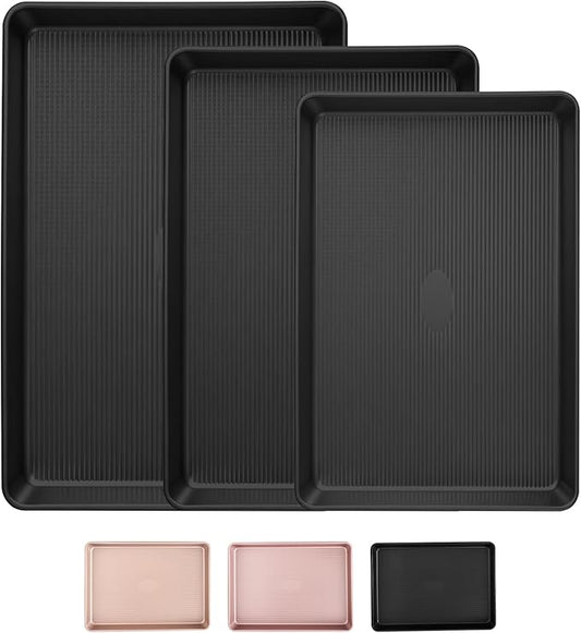 Nonstick Baking Sheet Pan Set of 3, Heavy Duty Cookie Sheets for Oven with Stripe Texture Pattern, 0.6mm Thick Quarter/Half/Jelly Roll Pans, Rust-Resistant & Easy Clean (Black)