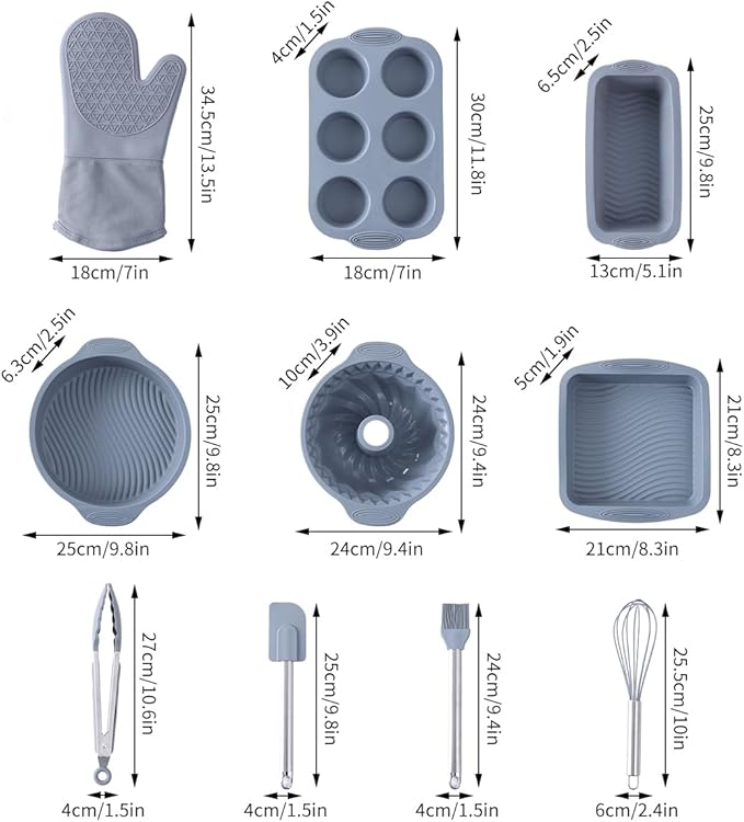 10in1 Nonstick Silicone Baking Cake Pan Cookie Sheet Molds Tray Set for Oven, BPA Free Heat Resistant Bakeware Suppliers Tools Kit for Muffin Loaf Bread Pizza Cheesecake Cupcake Pie Utensil (Grey)