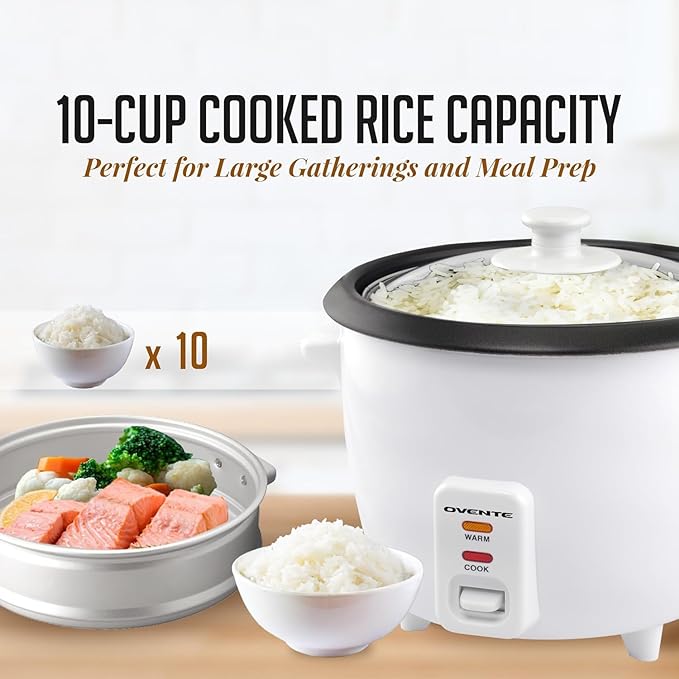 OVENTE Electric Rice Cooker and Food Steamer – 10-Cup Cooked Capacity (5 Cups Uncooked), Nonstick Removable Pot, Keep Warm Function, Steaming Basket, Measuring Cup & Spatula Included, White RCS01W