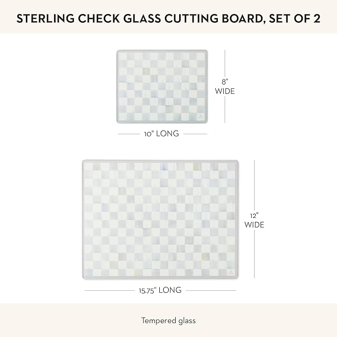 MACKENZIE-CHILDS Set of 2 Tempered Glass Cutting Boards, Countertop Cutting Boards, Gray-and-White Sterling Check