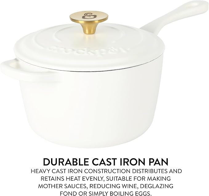 Crock-Pot 3-Quart European Enameled Cast Iron Saucepan with Lid – Matte Linen White, Durable Oven Safe Cookware