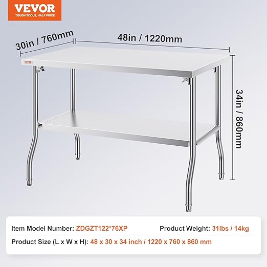 VEVOR Stainless Steel Foldable Work Table, 30 * 48 Inch Heavy Duty Food Outdoor Double Layer Stainless Steel Worktable for Commercial Kitchen Restaurant