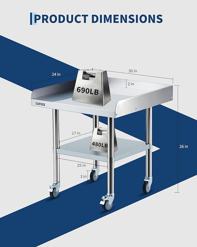 Garvee Stainless Steel Work Table, 24x30x26 Inch Commercial Food Prep Worktable with Wheels, Detachable 3-Sided Backsplash & Height-Adjustable Shelf, Heavy Duty Workbench for Kitchen Restaurant Garage