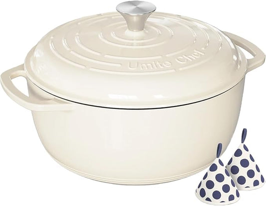 Umite Chef 6QT Enameled Cast Iron Dutch Oven with Lid, Versatile Heavy-Duty Cookware Pot for Baking Bread, Braising, Soups & Stews, Oven & Stovetop Safe with Heat Resistant Gloves（Cream White）