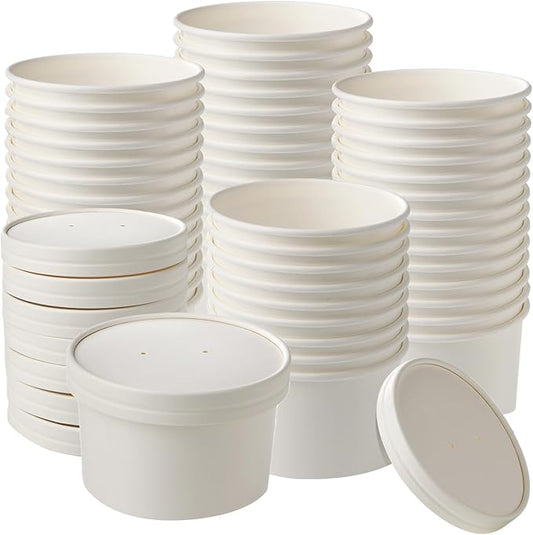 50-Pack 16oz White Paper Ice Cream Cups with Vented Lids, Paper Soup Containers with lids, Disposable Dessert Bowls for Hot or Cold Food Party Supplies, Restaurants & Takeout