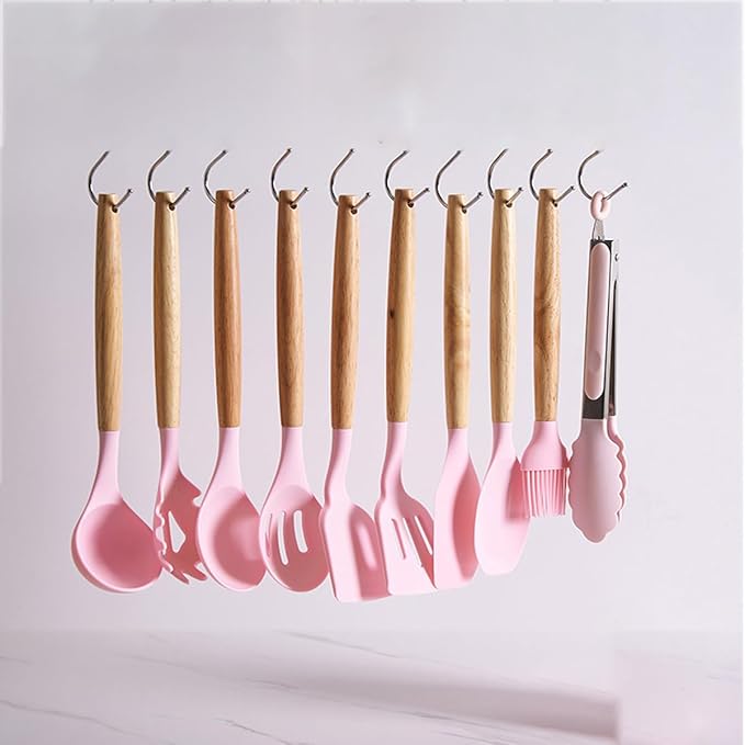 19 Pieces Kitchen Utensils and Knife Set with Block, Inldued 9 Pieces Silicone Cooking Utensils Set 5 Pieces Sharp Stainless Steel Chef Knives Scissors Whisk Tongs and Cutting Board (PINK)