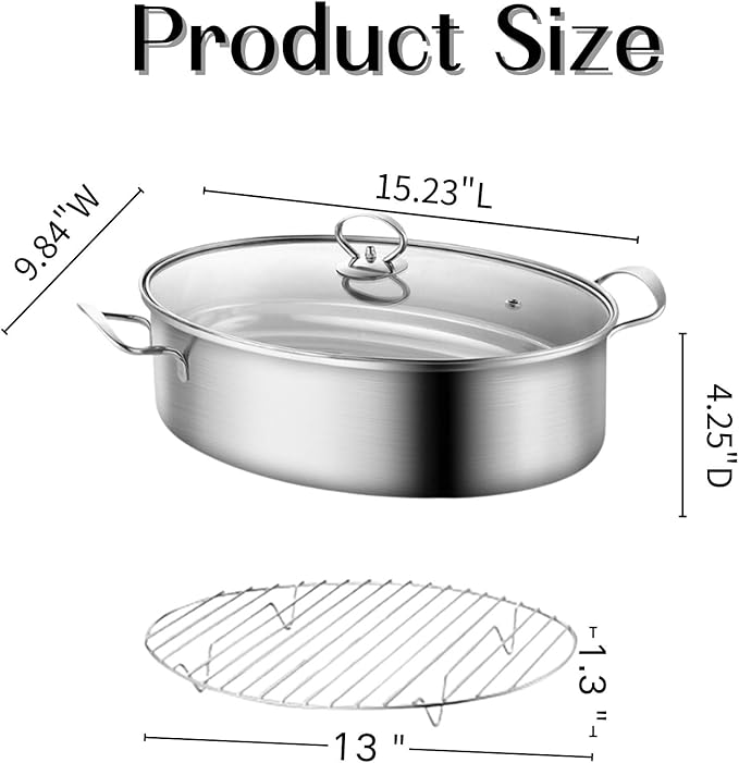 Stainless Steel Fish Steamer Set,Multi-Use Oval Steamer Pot with Glass Lid Rack, Ceramic Plate, Chuck, Steaming Pot for Fish, Oyster,Boiling Soup 15 x 9.8 inches