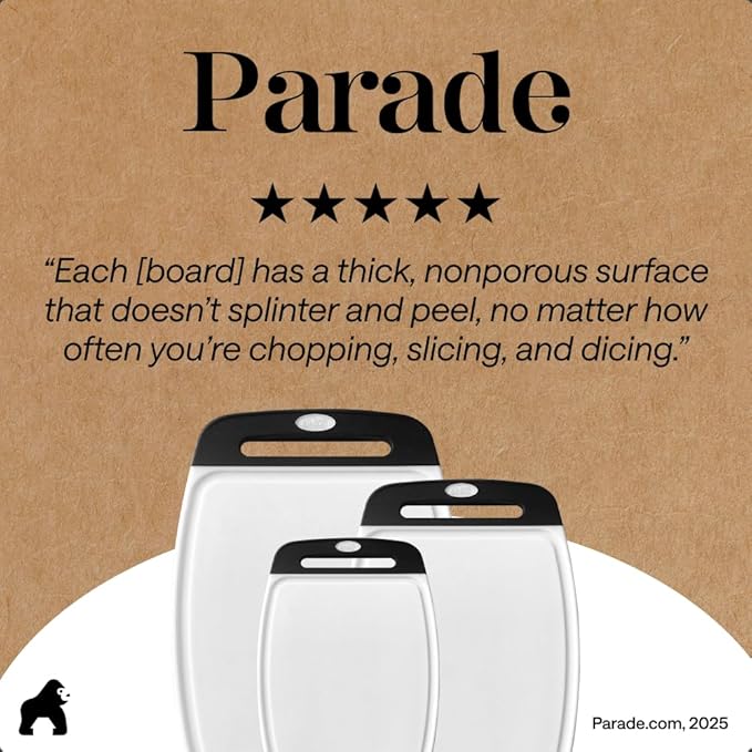 GORILLA GRIP BPA-Free Reversible Kitchen Cutting Board Set of 3, US Designed, Nonporous, Juice Grooves Catch Liquid, Slip Resistant Border, Dishwasher Safe, Durable Large Food Chopping Boards, Black