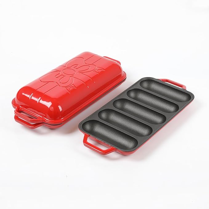 HAWOK Enameled Cast lron Baguette Bread Baker, 3-in-1 Baking Set with Full Baguette Tray, 5-Slot Mini Roll Tray & Reversible Lid Pan, 15 x 6.7 inch, Red