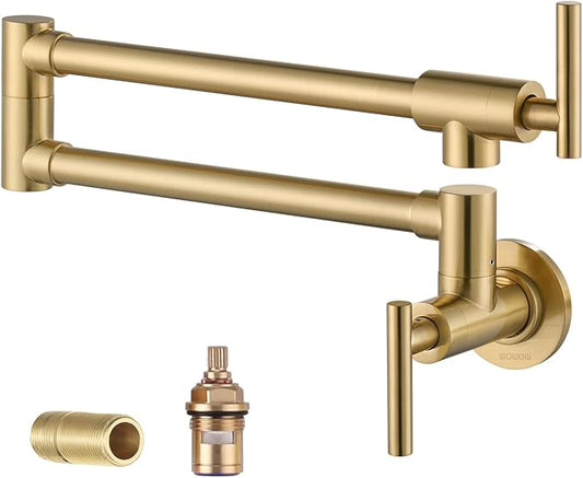 WOWOW Pot Filler Faucet Brushed Gold, Solid Brass Pot Filler Wall Mount Kitchen Stove Faucet with Double Joint Swing Arms
