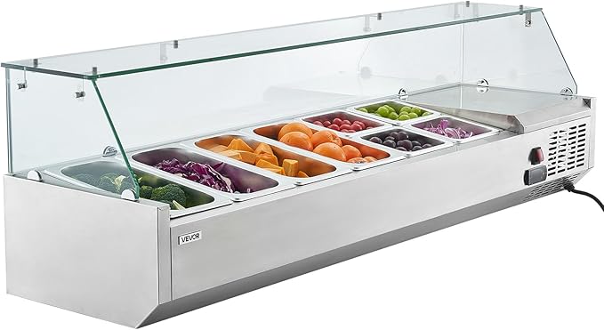 VEVOR Refrigerated Condiment Prep Station, 130 W Countertop Refrigerated Condiment Station, with Four 1/3 Pans & Four 1/6 Pans, 304 Stainless Body and PC Lid, Sandwich Prep Table with Glass Guard