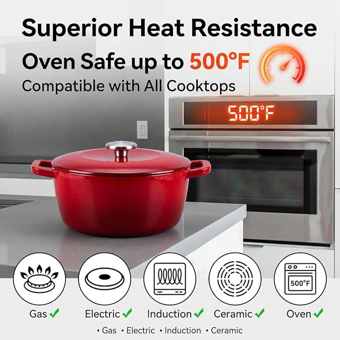7QT Enamel Cast Iron Dutch Oven with Lid,Dual Handles,Versatile Heavy-Duty Non-toxic Cookware for Sourdough Bread Baking,Braising,Stews,Roasting,Oven Safe up to 500°F red