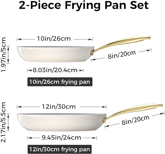 Sanho 2-Piece Nonstick Frying Pan Set (10 & 12 Inch), Diamond-Titanium Ceramic Coating PFAS/PFOA Free, Oven & Dishwasher Safe Skillets, Induction Compatible with Cool Touch PVD Handles