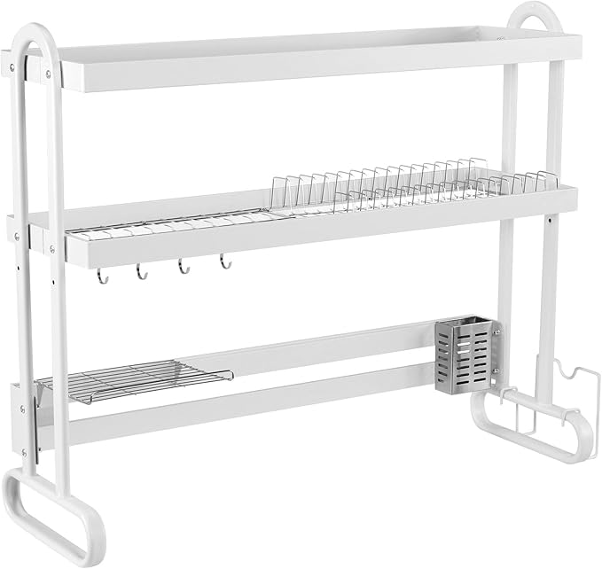 Kitchen Counter Dishrack with Utensil Holder Over Sink Dish Drying Rack Anti-Slip Thickened Sink Rack for Draining & Storing Dishes