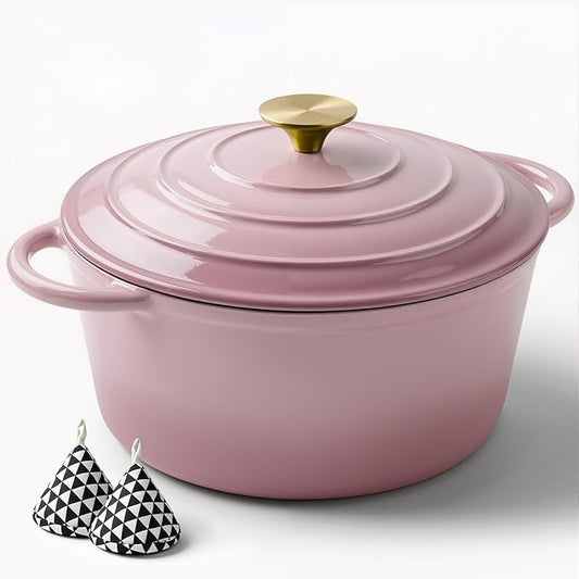 Miereirl 6 Quart Enameled Dutch Oven Pot with Lid, Cast Iron Dutch Oven with Dual Handles for Bread Baking, Cooking, Non-stick Enamel Coated Cookware, Pink