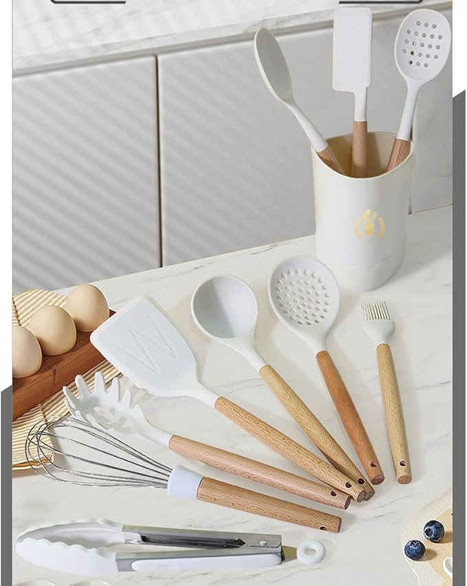 White Silicone Kitchen Cooking Utensils Set, Heat Resistant Silicone Kitchen Gadgets Utensils Set with Wooden Handle,Silicone Spoons Spatula Whisk with Holder for Nonstick Cookware