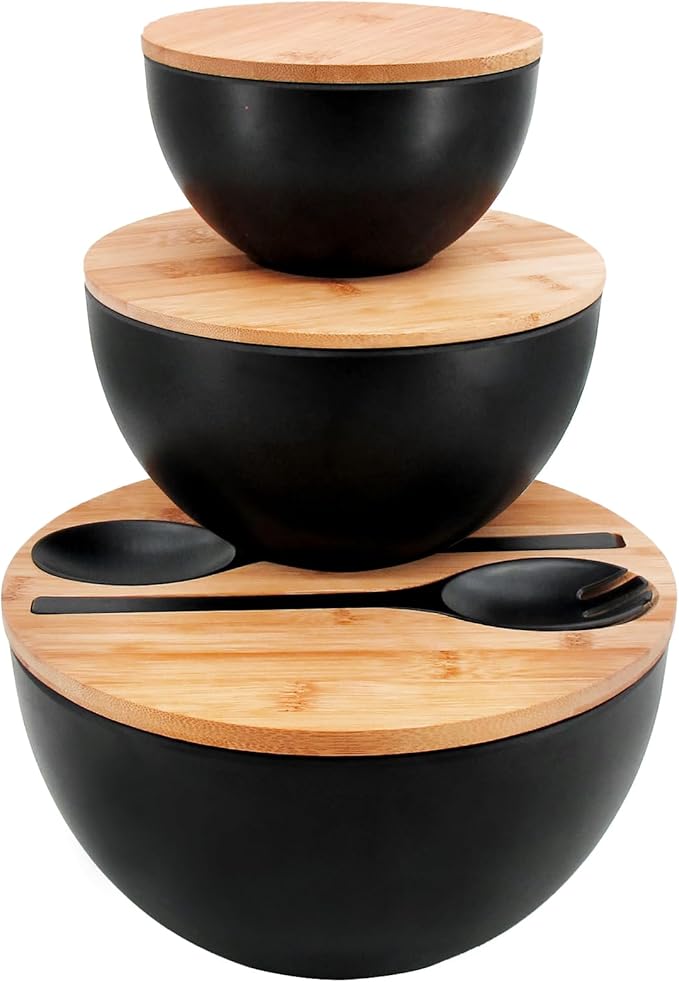 Salad Bowls Set of 3 with Lid & Serving Utensils, Bamboo Fiber Mixing Bowls Set Large Serving Bowls & Storage Set with Bamboo Lid for Salad, Kitchen Eating, Pasta, Popcorn, Chips, Fruit, Black