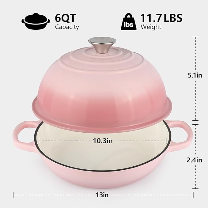 6QT Bread Dutch Oven Pot with Lid, Enameled Cast Iron Dutch Oven for Sourdough Bread Baking, Roasting, Stewing and Soup, Non-Stick Enamel Cookware for Oven/Stovetop, Perfect for Homemade Bread, Pink