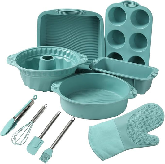 10in1 Nonstick Silicone Baking Cake Pan Cookie Sheet Molds Tray Set for Oven, BPA Free Heat Resistant Bakeware Suppliers Tools Kit for Muffin Loaf Bread Pizza Cheesecake Cupcake Pie Utensil (Blue)