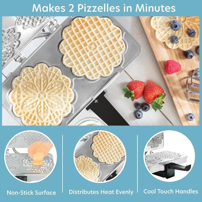 Pizzelle Maker- Polished Electric Baker Press Makes Two 5-Inch Cookies at Once, Even Heating Plates- Must Have Party Baking Supplies - Italian Easter Dessert Treat Making w Recipe Guide- Gift for Her