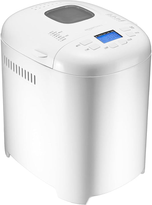Amazon Basics Programmable Bread Maker, 2 Pound Non-Stick Automatic Bread Making Machine, 14 Settings for Breads, Doughs, Gluten-Free Options, ExpressBake, 3 Crust Colors, LCD Display, White