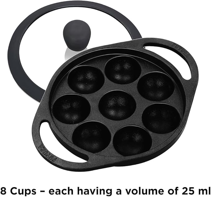 Hawkins Futura 16 cm Cast Iron Appe Pan, Non Stick Paniyaram Pan with Glass Lid, 8 Cups Paniyarakkal Pan, Litti Pan, Kuzhi Paniyaram Pan, Ponganalu Pan, Black (CIAP16G)
