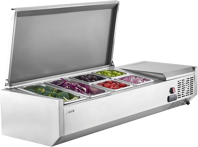 VEVOR Refrigerated Condiment Prep Station, 130 W Countertop Refrigerated Condiment Station, with Two 1/3 Pans & Four 1/6 Pans, 304 Stainless Body and PC Lid, Sandwich Prep Table with Stainless Guard