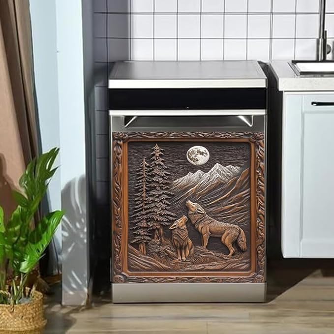 Dishwasher Magnet Cover, Wolf Howling at Moon Mountain Scene Refrigerator Magnetic Vinyl Sticker for Dishwasher Door, Decorative Kitchen Appliance Panel Decal, 23Wx26H Inches