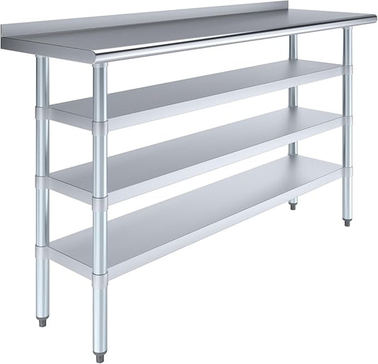 AmGood Stainless Steel Work Table with 1.5" Backsplash and 3 Shelves | Metal Kitchen Food Prep Table | NSF (60" Long x 18" Deep)