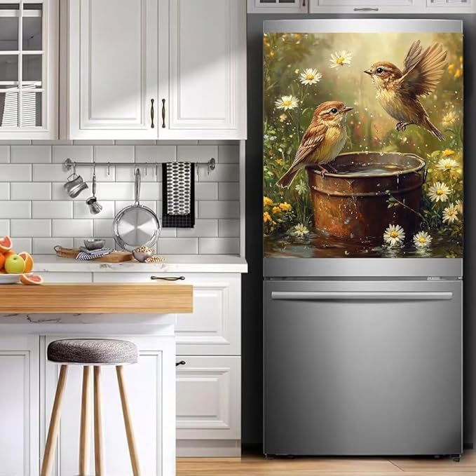 Dishwasher Magnet Cover, Bird and Daisy Garden Scene Refrigerator Magnetic Vinyl Sticker for Dishwasher Door, Rustic Country Decorative Kitchen Appliance Panel Decal, 23Wx26H Inches
