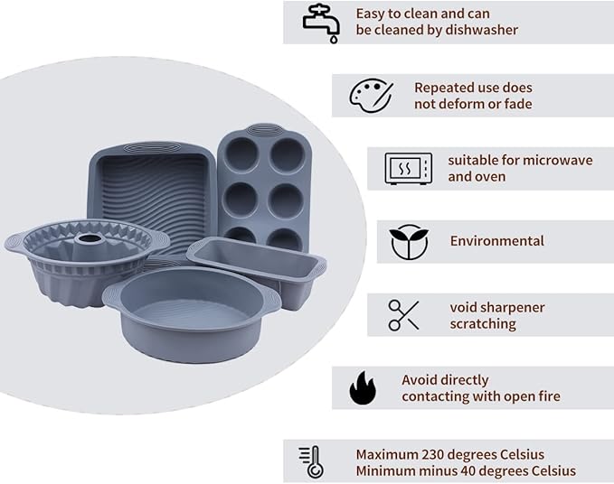 10in1 Nonstick Silicone Baking Cake Pan Cookie Sheet Molds Tray Set for Oven, BPA Free Heat Resistant Bakeware Suppliers Tools Kit for Muffin Loaf Bread Pizza Cheesecake Cupcake Pie Utensil (Grey)