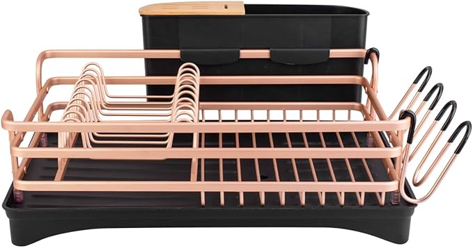 BACOENG Aluminum Dish Drying Rack,Never Rust Dish Rack with Removable Cutlery Holder & Cup Holder, 360° Swivel Spout Drain Board,Gold