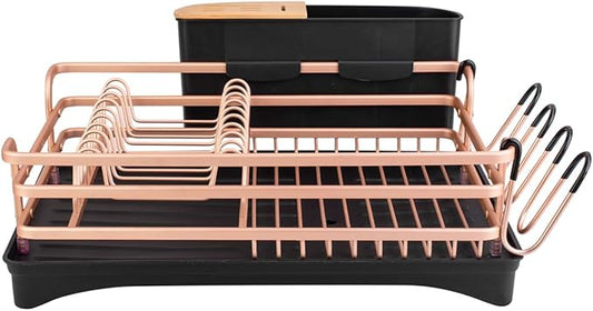 BACOENG Aluminum Dish Drying Rack,Never Rust Dish Rack with Removable Cutlery Holder & Cup Holder, 360° Swivel Spout Drain Board,Gold
