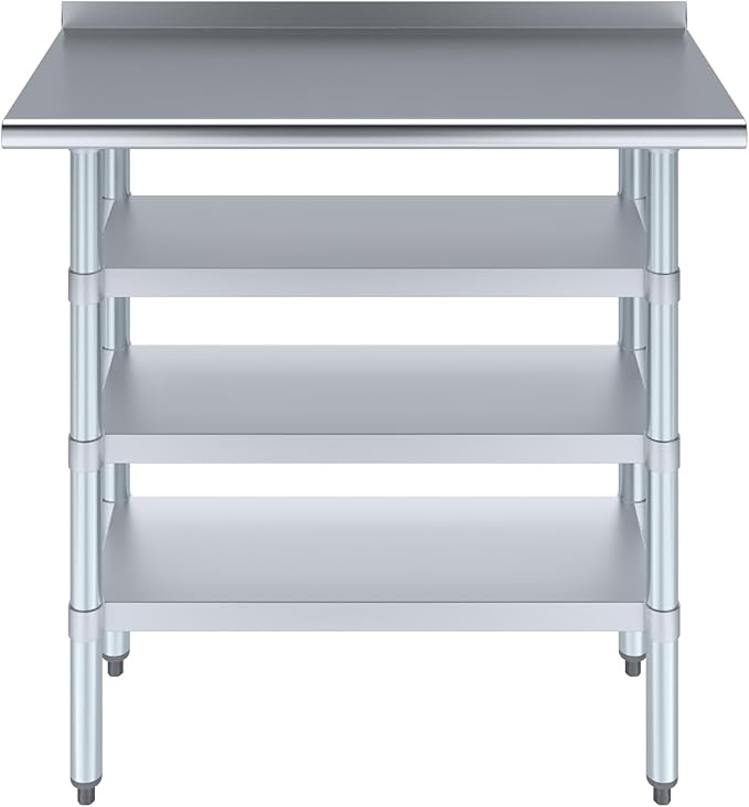 AmGood Stainless Steel Work Table with 1.5" Backsplash and 3 Shelves | Metal Kitchen Food Prep Table | NSF (36" Long x 18" Deep)