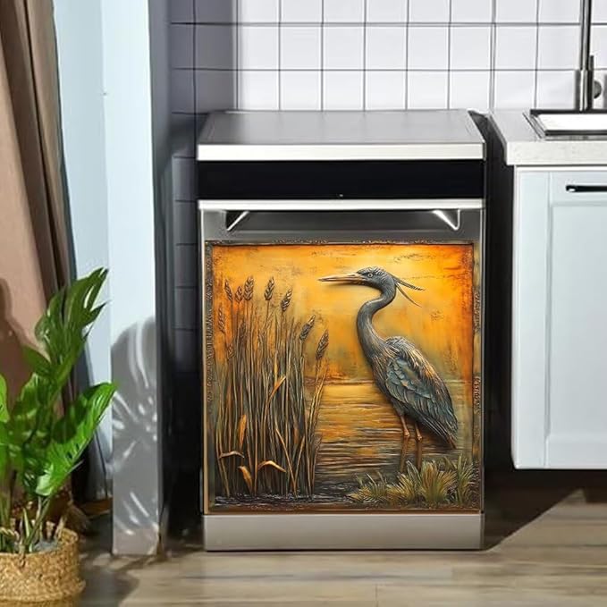 Heron Bird Dishwasher Magnet Cover, Bronze Gold Refrigerator Magnetic Vinyl Sticker for Dishwasher Door, Decorative Kitchen Appliance Panel Decal, 23Wx26H Inches