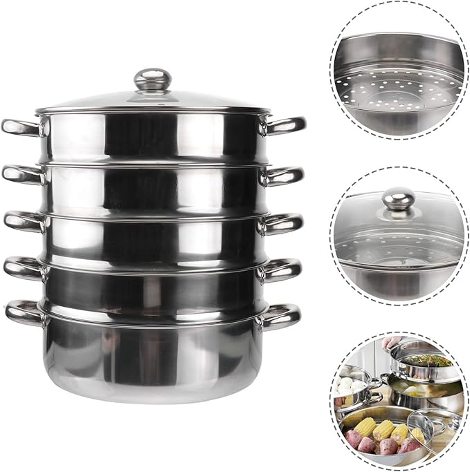 YARNOW 5 Tier Stainless Steel Steamer Pot 14.7 Inch Multifunctional Stockpot for Soup Cooking Large Dishwasher Safe Kitchen Steamer