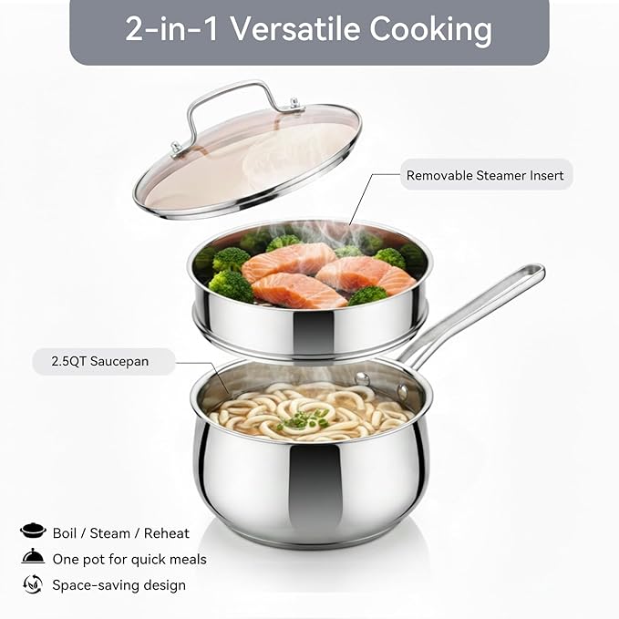 2.5QT Stainless Steel Saucepan with Steamer Basket and Glass Lid, 18/8 Food Grade Small Soup Pot with Steamer Insert, Induction Compatible, Heavy Duty Multi-Purpose Pot for Cooking & Steaming