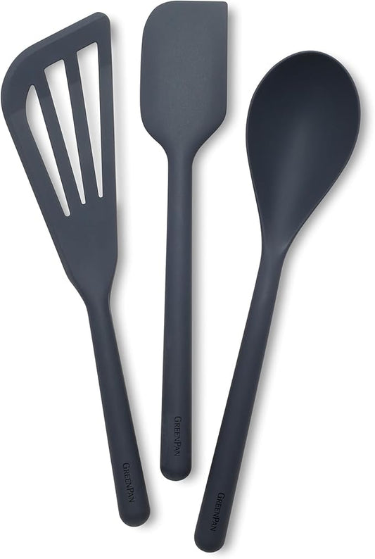 GreenPan Silicone 3 Piece Cooking Utensil Set, Fish Turner, Mixing Spatula, Solid Spoon, Flexible Nonstick Kitchen Tools Rigid Steel Core, Heat-Resistant Anti-Slip Handle BPA-Free Dishwasher Safe Gray