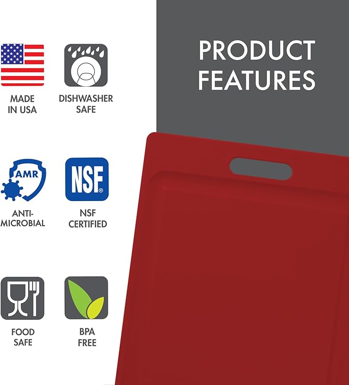 Dexas NSF Certified Polysafe Cutting Board with Handle and Juice Well, 12 x 18 inches, Reversible Kitchen Cutting Board, Red