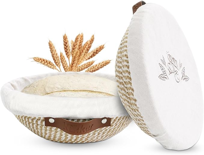 Banneton Bread Proofing Basket Set of 2, 9 Inch & 10 Inch Round Cotton Rope Sourdough Bread Baking Supplies Proofing Bowls with Liners & Covers Gifts for Bakers Women Wife Mom