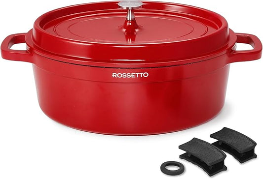 ROSSETTO 5.5QT Oval Dutch Oven Pot with Lid, Ceramic Dutch Oven with Silicone Assist Handle Holder, Dishwasher Safe, Oven Safe up to 450° F, Non-Stick & Non-Toxic Bread Dutch Oven with Lid for Baking,Brasing, Soups, Red