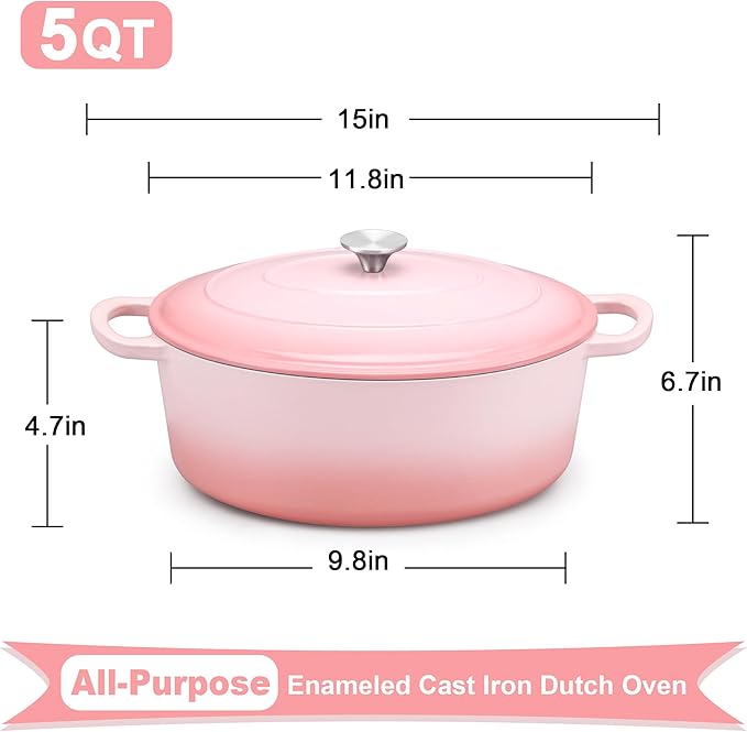 E-far 5QT Oval Dutch Oven Pot with Lid, Enameled Cast Iron Dutch Oven with Dual Handles, Heavy-Duty Cookware for Sourdough Bread Baking, Braising, Stews, Oven Safe & Easy Clean, Pink