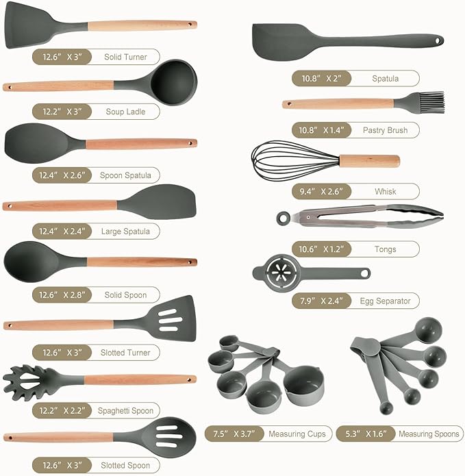 Kitchen Utensils Set - 34 PCS Non-Stick Silicone Cooking Utensils Set Spatula Set with Holder, Wooden Handle Spoon,Brush,Whisk Kitchen Gadgets Tools Set for Nonstick Cookware (Gray-34P)