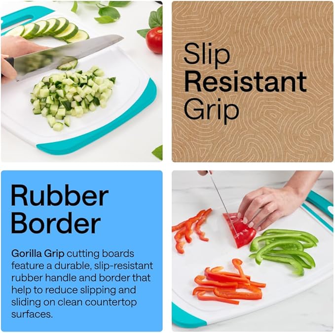 GORILLA GRIP BPA-Free Reversible Kitchen Cutting Board Set of 3, US Designed, Nonporous, Juice Grooves Catch Liquid, Slip Resistant Border, Dishwasher Safe Durable Large Food Chopping Boards Turquoise