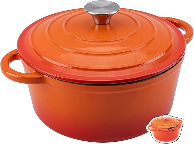 5.5QT Enameled Cast Iron Dutch Oven Pot with Lid,Heavy-Duty Cookware for Sourdough Bread Baking,Braising,Stews,Roasting,Oven Safe up to 500°F,orange