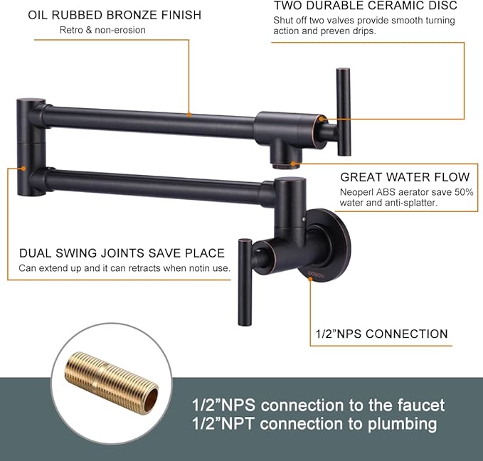Pot Filler Faucet Oil-Rubbed Bronze: WOWOW Solid Brass Pot Filler Wall-Mounted Pasta Faucet with Double Joint Swing Arm for Kitchen Over Stove