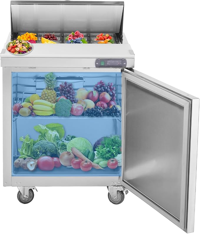 JINSONG 28" Refrigerator Sandwich & Salad Prep Table, Stainless Steel Refrigerated Food Prep Station, 7.4 cu. ft with Cutting Board and 12 Pans for Restaurants, Bar, Shops, etc