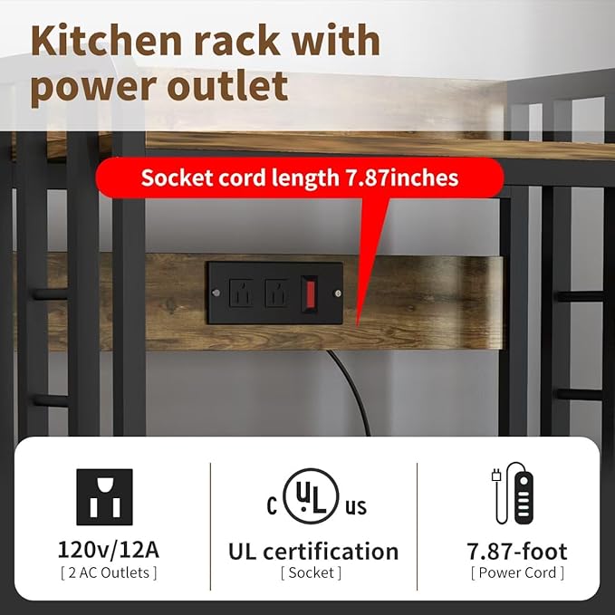 Bakers Rack with Power Outlet ，4-Tier Kitchen Baker's Rack,Microwave Stand with Storage Suitable for Kitchen, Living Room, Dinning Room，Coffee Bar(Rustic Brown)