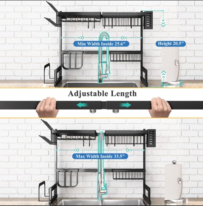Large Over The Sink Dish Drying Rack (33.4"-41.3") 2 Tier Length Adjustable Dish Drainer for Kitchen Sink Auto Drainage Space Saving Kitchen Organizer, Black (25.6‘’-33.5‘’)